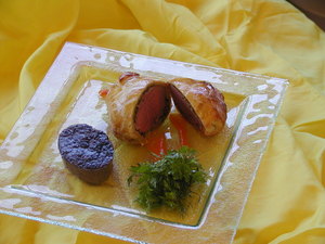 agneau en cro&ucirc;te et flan de champignons